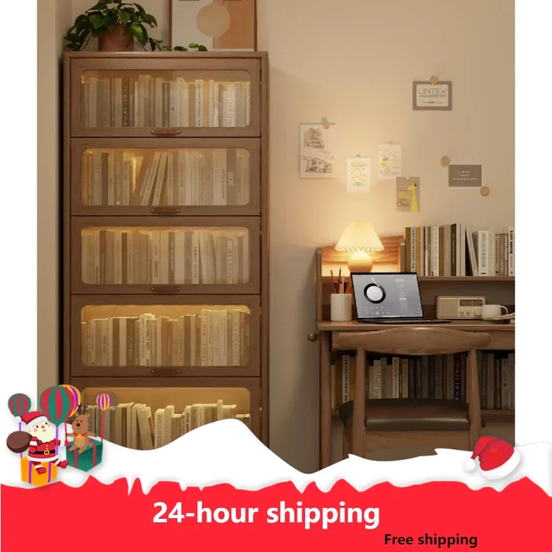 Solid Wood Bookcase 5 Tier Bookshelves With Tempered Glass Flip-Up Doors 72Hx13.7Dx32W