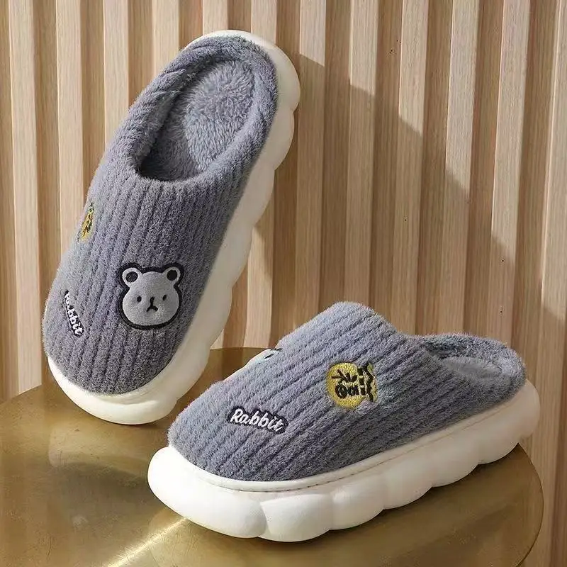 Winter Plush Cotton Slippers Non-Slip Soft Sole Warm Indoor Home Shoes for Couples Lightweight Quiet Comfort