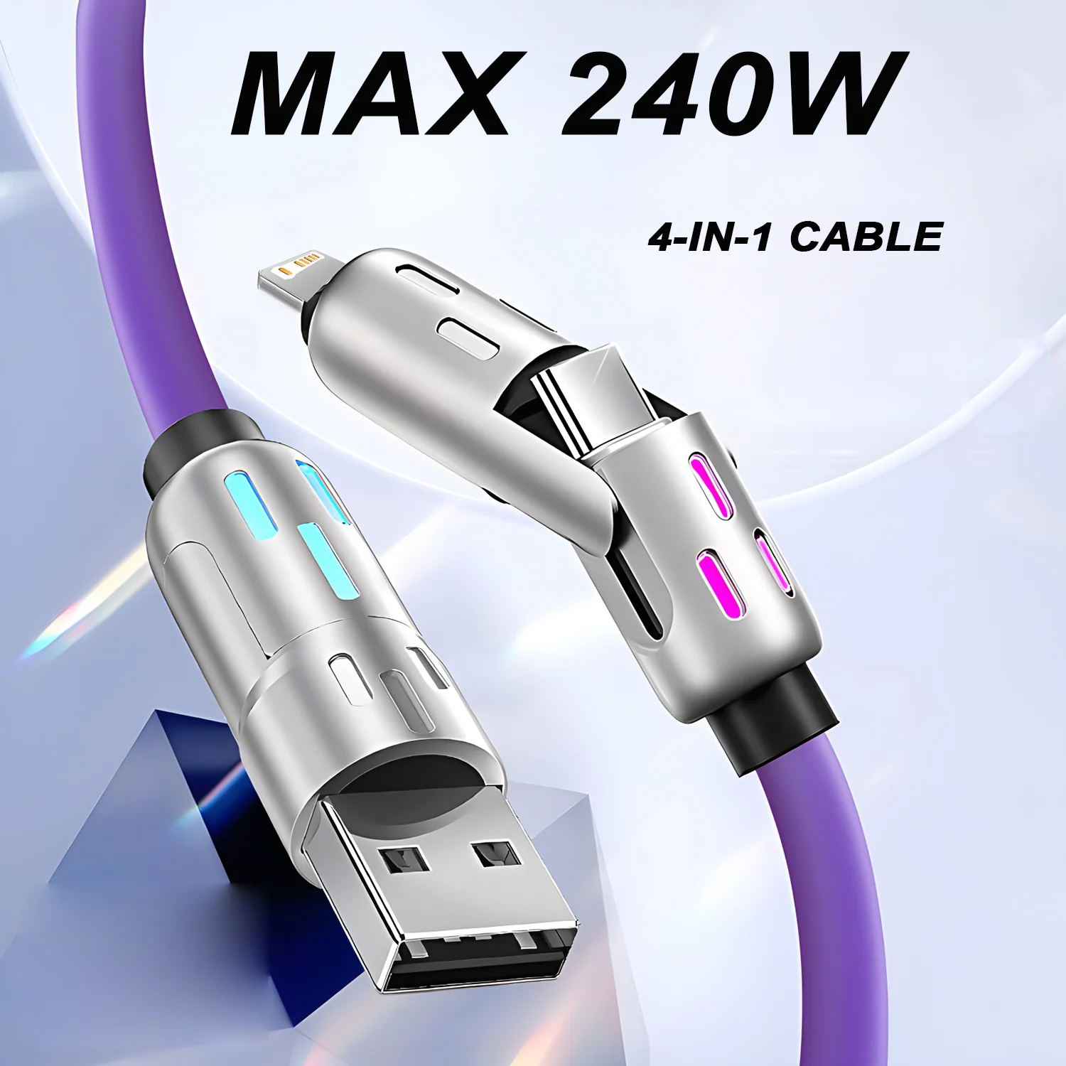 Zinc Alloy USB-C 4 in 1 240w Fast Charging Cable for iPhone Usb Type C Cable with RGB Light For iPhone Xiaomi Samsung Oneplus