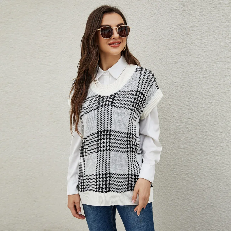 Women's Sweater V-Neck Sleeveless Sweater 2023 Autumn And Winter New Check Knitted Casual Large Size Vest Sweater