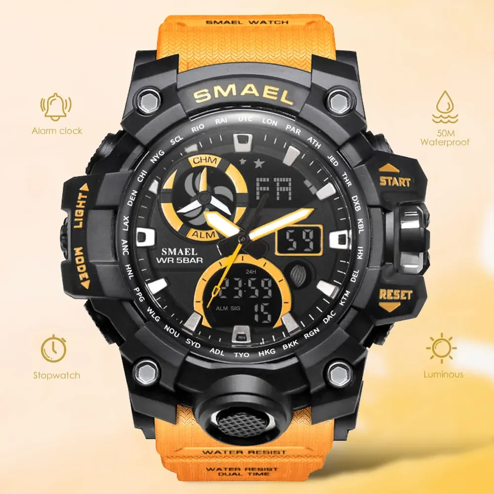 SMAEL Sport Dual Time Digital Watch for Men Fashion Luminous Waterproof Quartz Watches Electronic Orange LED Wristwatch relogio