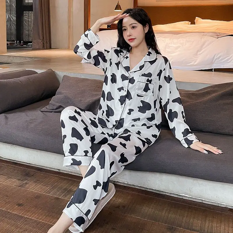 2024 Spring Autumn New Women Pajamas Female Ice Silk Long Sleeve Lapel Nightclothes Suit High Sense Cardigan Casual Homewear