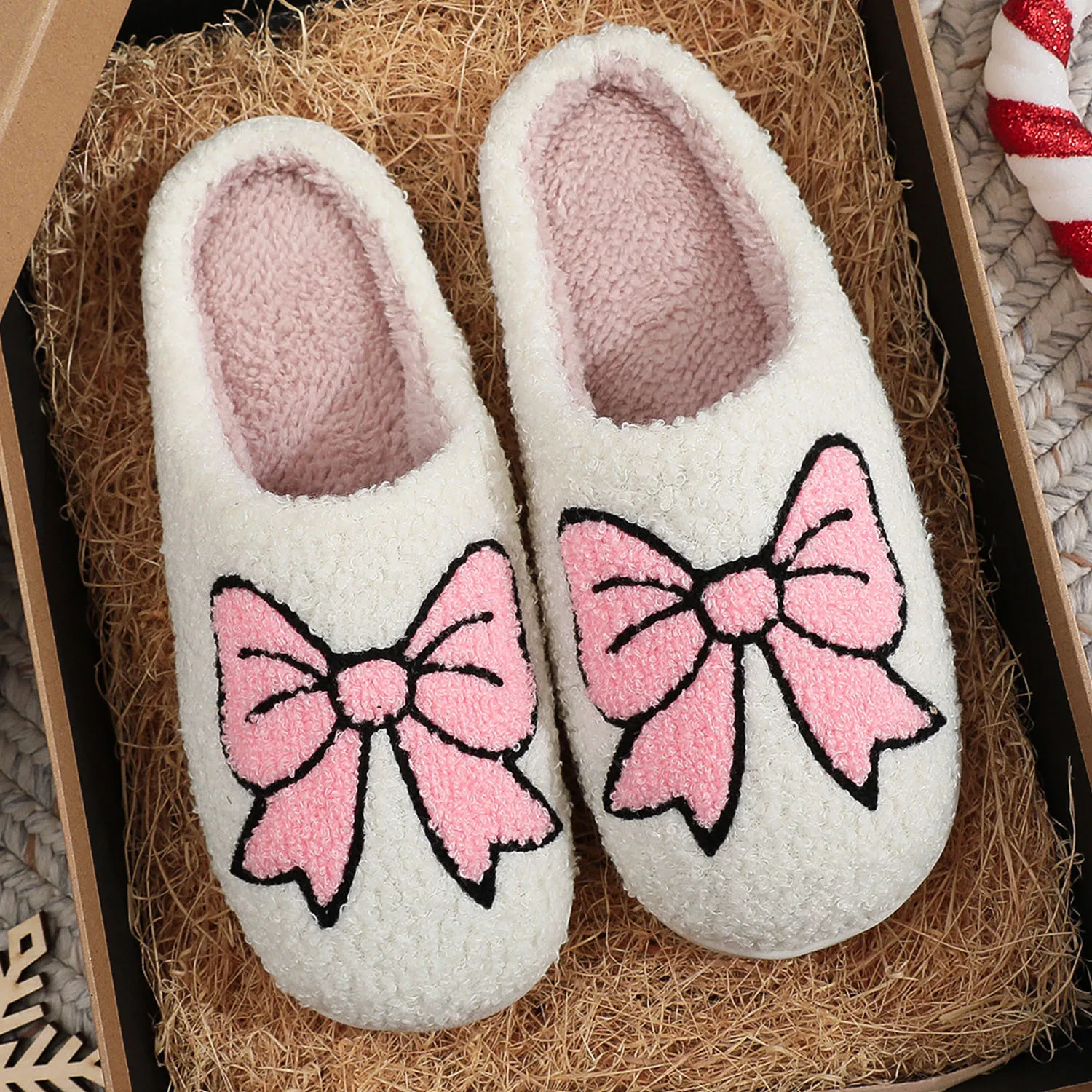 Women Bow Knot Slippers  Home Platform Anti Slip Soft Slippes Winter Kawaii Women Indoor Warm Furry Cotton Shoes New Year Gift