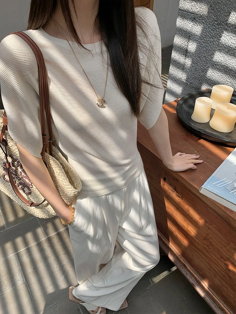 

Black Bean H Humming Luxury Casual Knitted T-Shirt Women's Spring Summer New Loose Versatile Short Sleeve Top