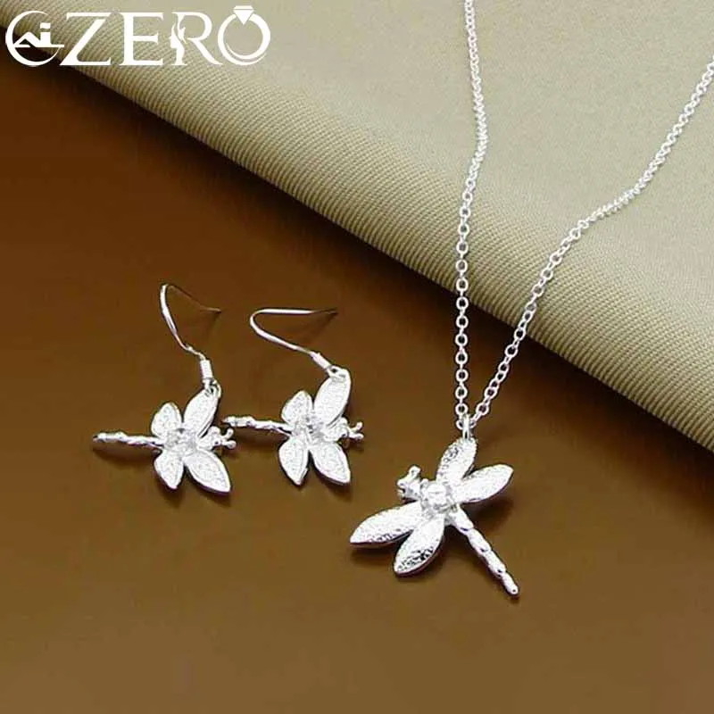 

ALIZERO 925 Sterling Silver Dragonfly Zircon Necklace Earrings Set for Women Wedding Engagement Party Fashion Jewelry