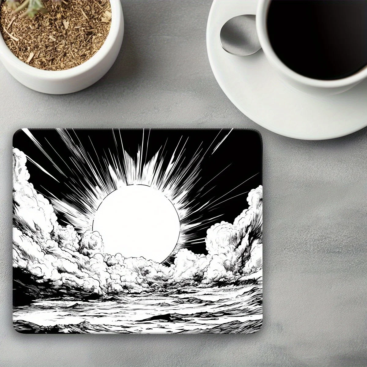 لوحة ماوس بتصميم موضوع الخيال العلمي باللونين الأبيض والأسود مع قاعدة مطاطية قابلة للغسل مناسبة لكل من العائلات والألعاب