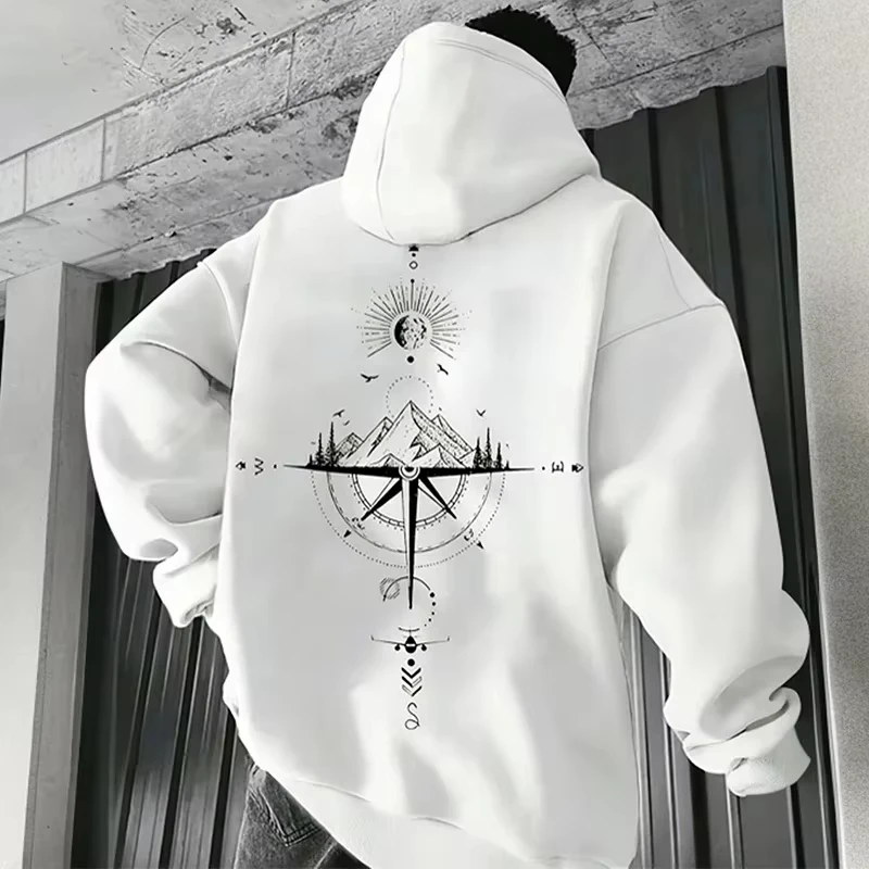 2026 Vintage Compass Print Hoodies for Men High Quality Hooded Long Sleeve Pullover All Season Daily Casu
