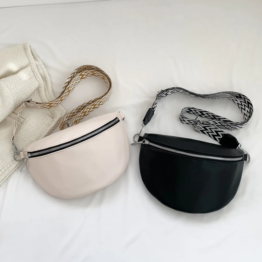 Crossbody Bag Wide Jacquard Strap Traveling Chest Bag PU Leather Fashion Casual Solid Color Portable Simple for Outdoor Hiking