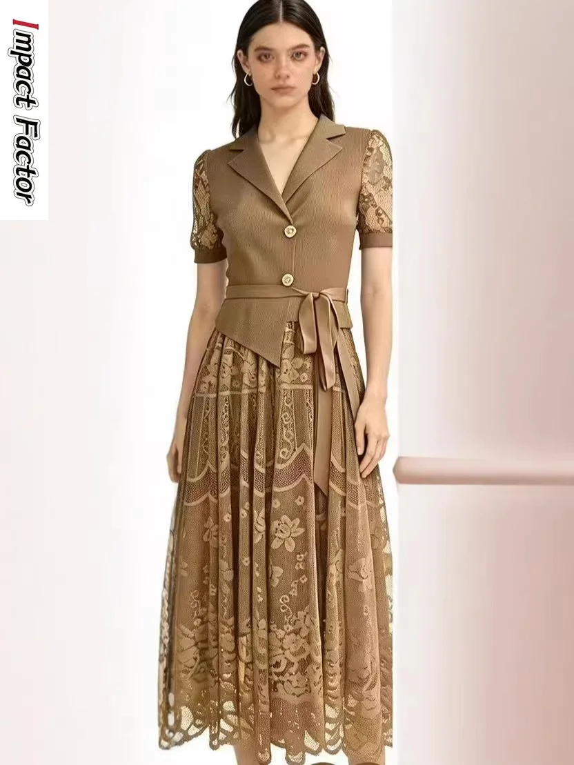 

Miyake Bronzing Lace Splicing 2026 New Pleated Light Luxury Women's Dress Temperament Commuter Women's Long Dress