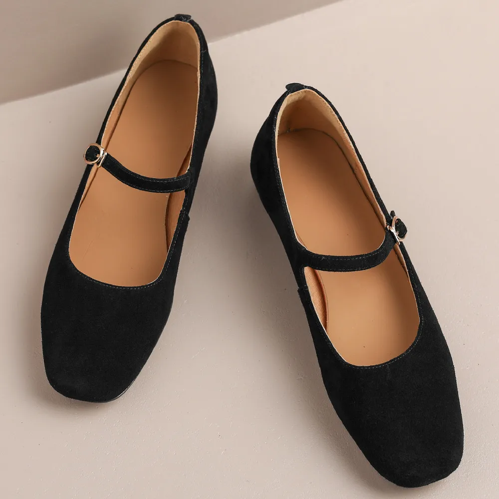 Camurça natural das mulheres dedo do pé quadrado slip-on mary jane flats lazer macio confortável alpercatas sapatos casuais para as mulheres quentes