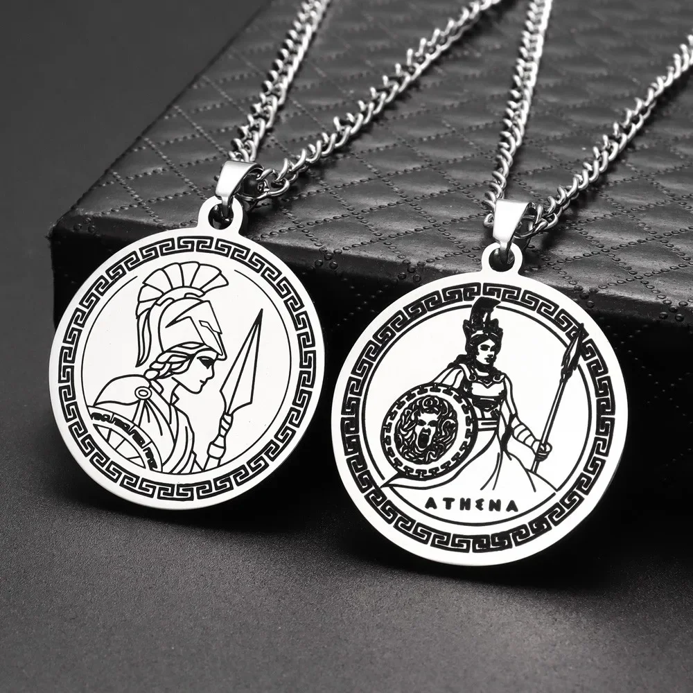 New Gothic Stainless Steel Ancient Greek Goddess Athena Round Pendant Necklace for Men Women Hip Hop Vintage Necklaces Jewelry