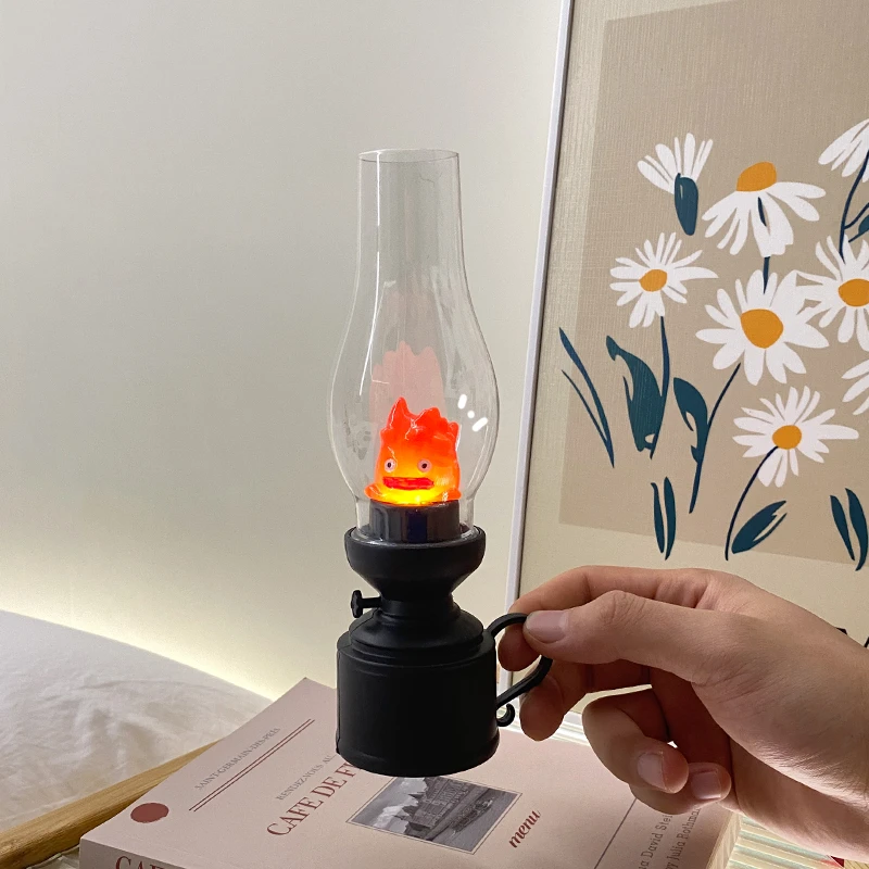 Retro Calcifer Flameless Night Light  Desk Light Decorative Candle Light Cartoon Anime Kerosene Lamp Bedroom Bedside Table Lamp