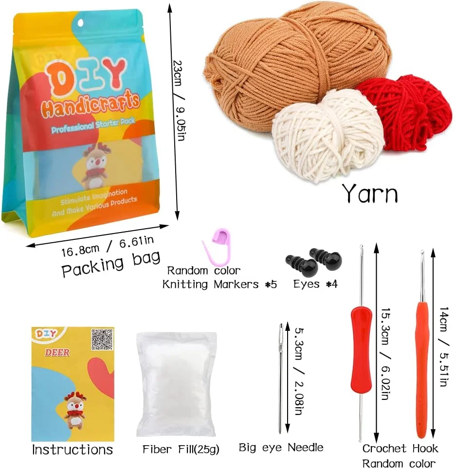 Light Brown Deer Shaped Complete DIY Crochet Kit For Beginners With Easy Peasy Yarn For New Starter DIY Craft