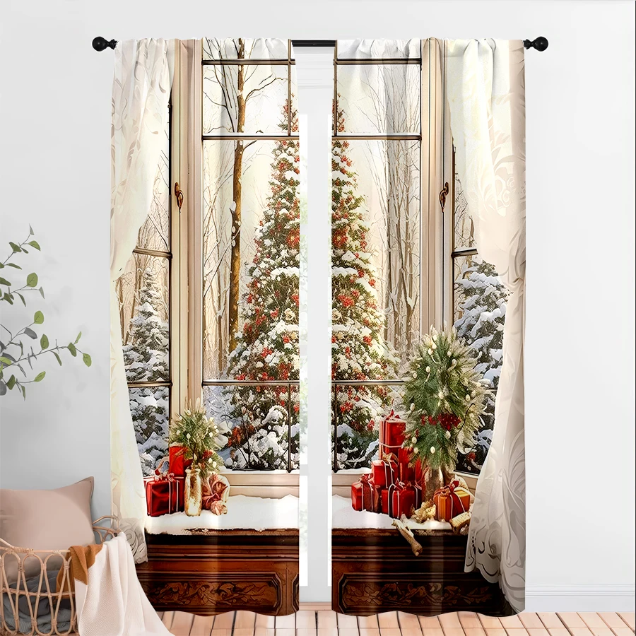 2PCS Christmas Winter Curtains, Window Snowy Christmas Tree Gift, Digital Print, Bedroom Living Room, Home Decor Window Drapes