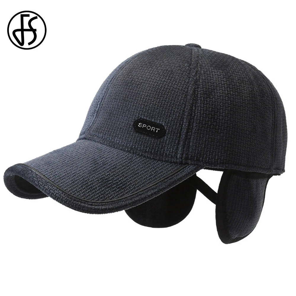 FS Gray Black Plus Velvet Winter Baseball Cap For Men Outdoor Cold Protection Earflaps Women Caps Warm Thickened Trucker Hats