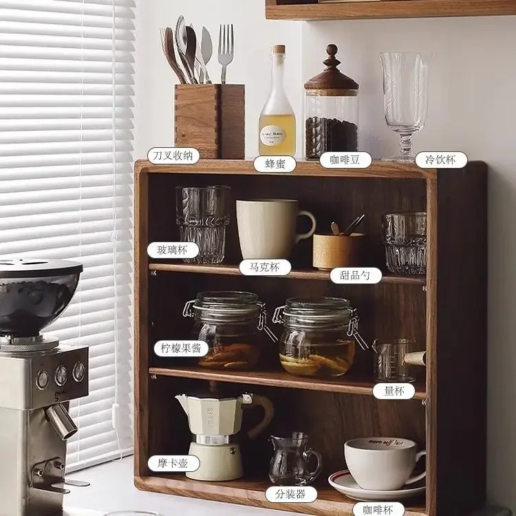 Coffee cup storage rack retro coffee shop tea set display solid wood storage small cabinet tea cup display rack