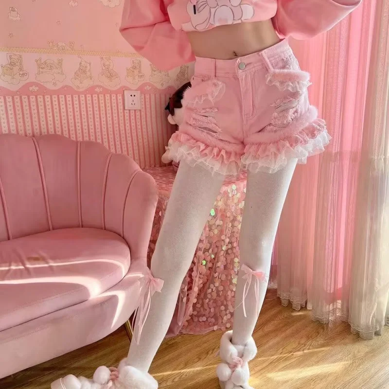 

Корейские мягкие милые короткие брюки с высокой талией и плюшевыми краями, милые модные женские джинсовые шорты с кружевными дырками