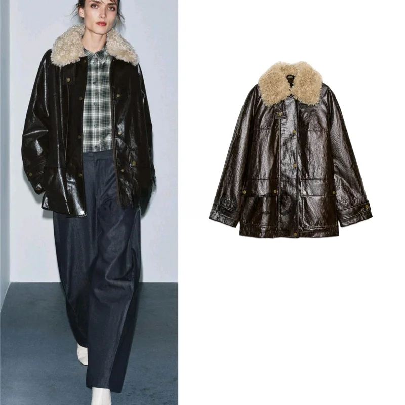 Abrigo largo con cuello Sve para mujer nuevo de invierno con cuello de piel artificial desmontable abrigo informal holgado de fibra de poliéster para mujer...