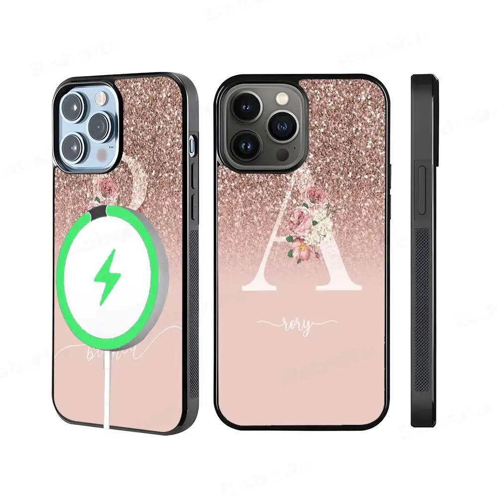 

Letter Pink Shiny M R Clear For Magesafe Magnetic Wireless Phone Case For IPhone 17 Pro Max Air 13 12 Mini 16 15 14 11