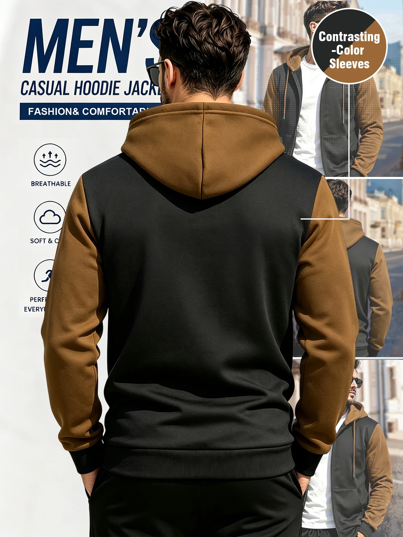 Men Color Block Full Zip Hooded Sweatshirt Raglan Sleeve Drawstring Hoodie Jacket Kangaroo Pocket Casual Street Outerwear
