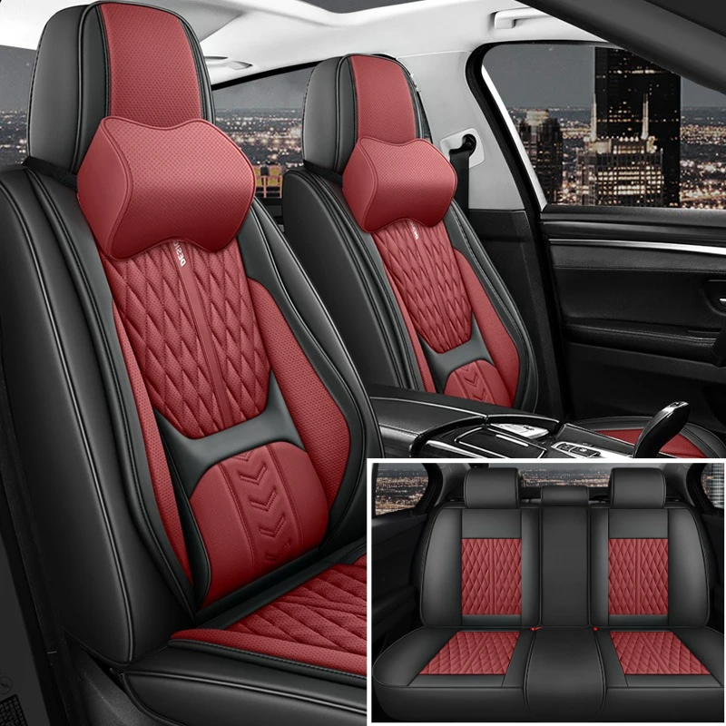 Luxury Nappa Leather Car Seat Covers 5 Seats + 2 Memory Foam Headrests,  3D Waist Support Full Leather Cover Comfortable