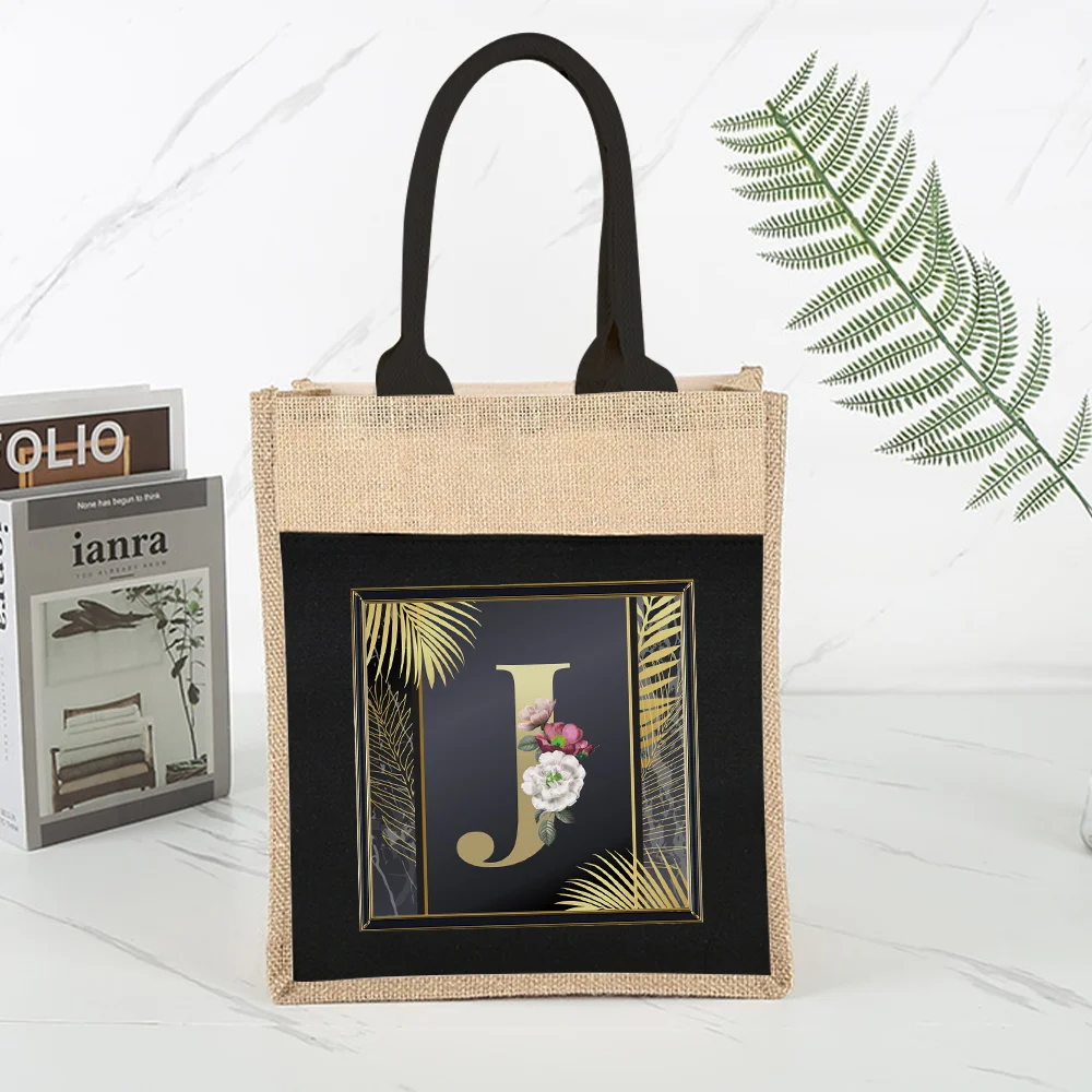Black Shopping Bag Golden Letter Series Printed Pattern Environmentally Friendly Linen Shoulder Bags Jute Imitation Linen Bag