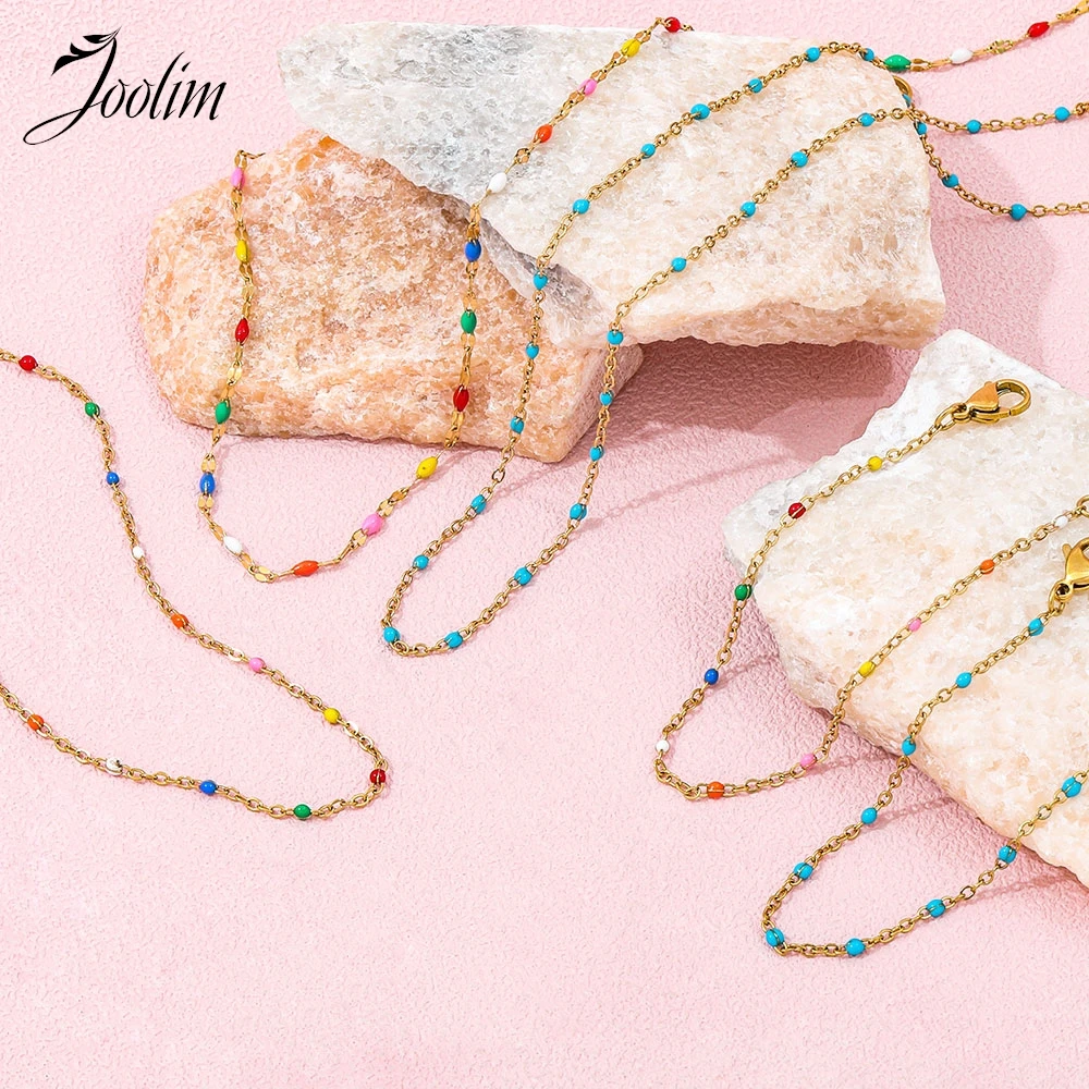 Joolim Jewelry Wholesale Waterproof& No Fade Fashion Basic Fine Colorful Bead Lip Chain Stainless Steel Necklace for Women