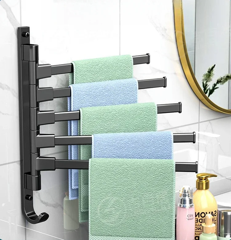 Multi-function Bathroom Shelf 180°Rotating Space Aluminium 5-Bars Towel Rack Without Punching Hanging Folding Holder Acessories