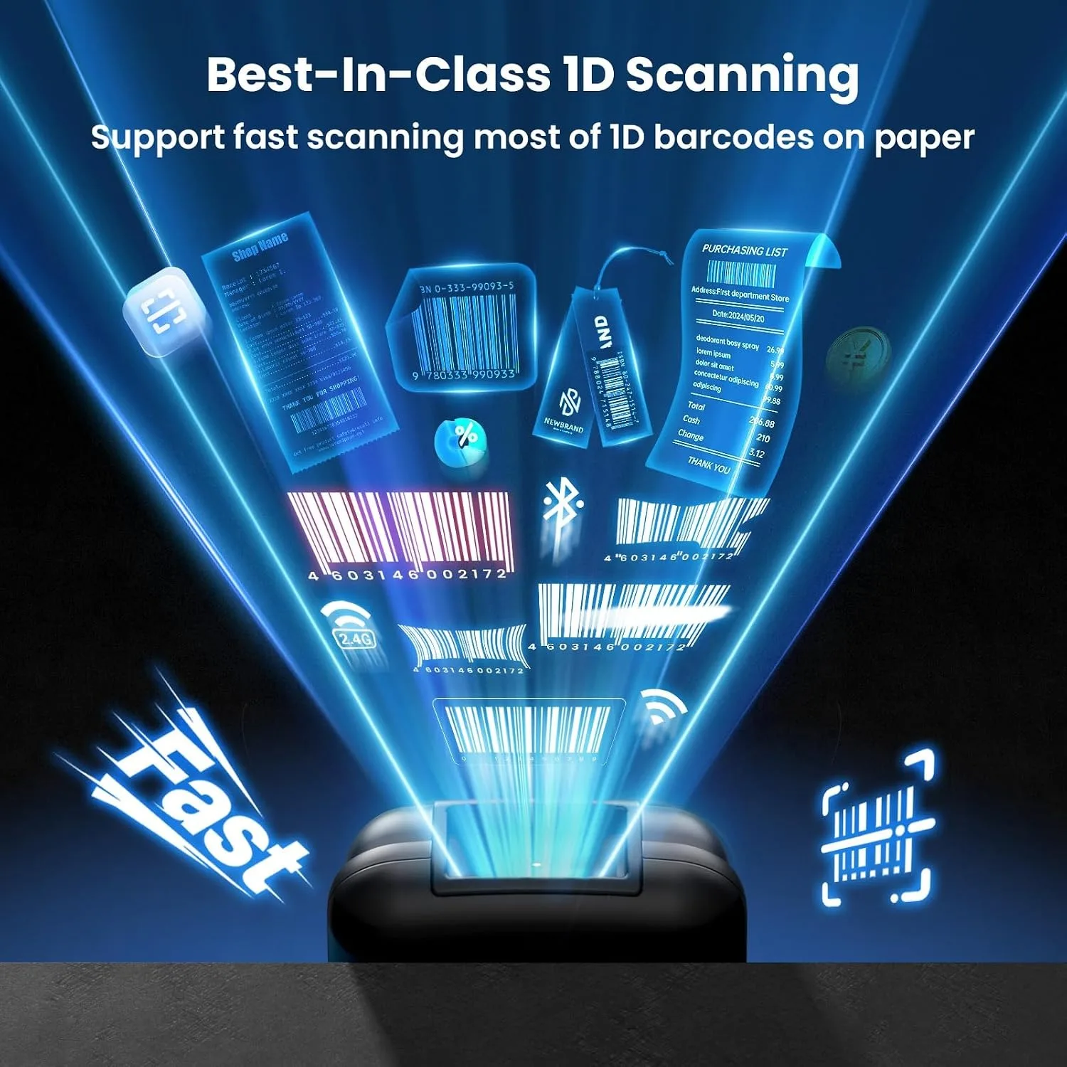 EYOYO Mini Barcode Scanner 1D 2.4G Wireless Bar Code Scanner High-speed 1D Barcode Scanning Laser Light Scanning For Courier