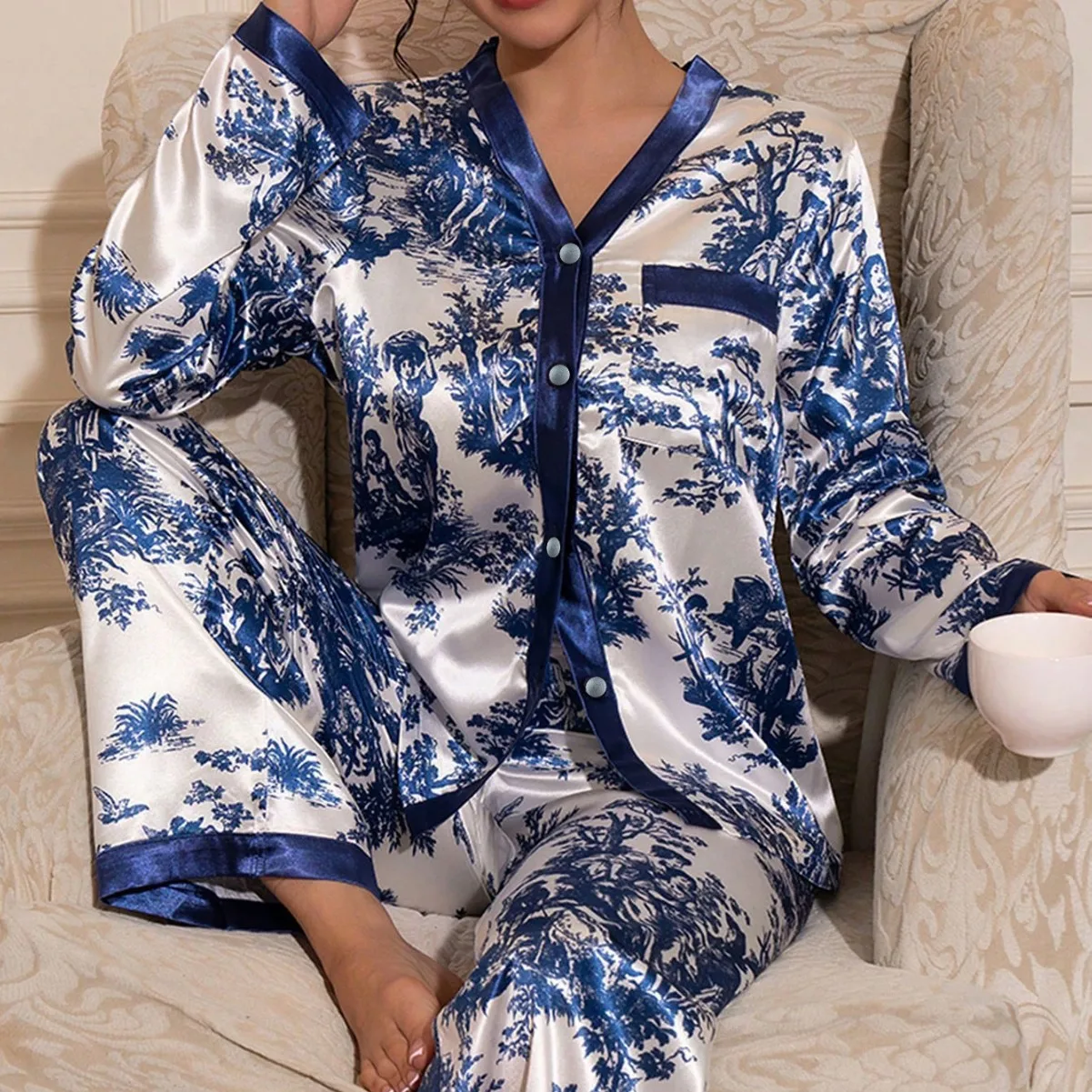 

spring autumn Women black Pyjamas Set graphic printing Tops and Pants Satin sleepwear Loose 2 Piece pajamas Loungewear Outfits