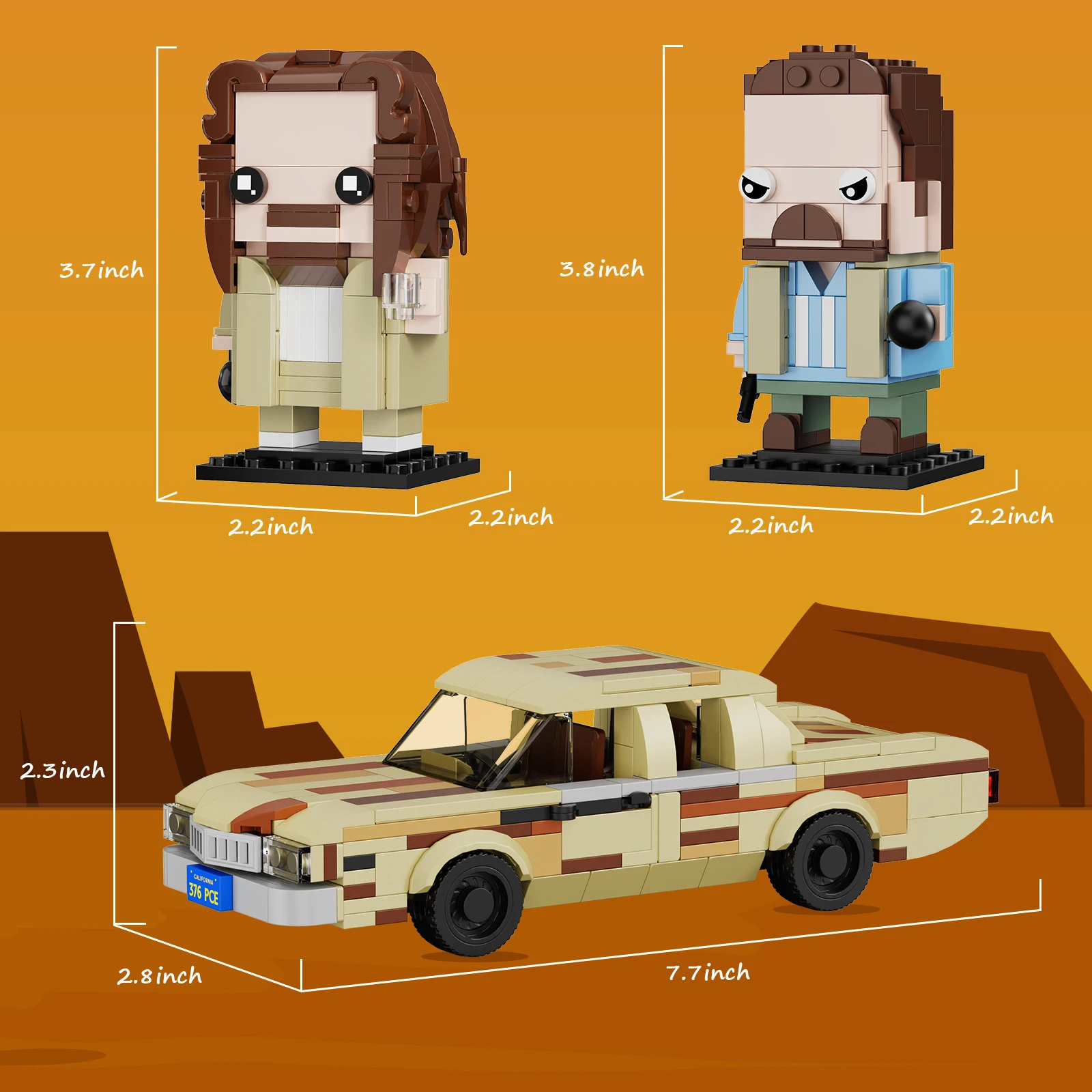 MOC Jeff the Dude & Walter Sobchak BrickHeadZ und Auto-Baustein-Set, Film-Protagonistenfiguren, Spielzeug, Fans, Weihnachtsgeschenke