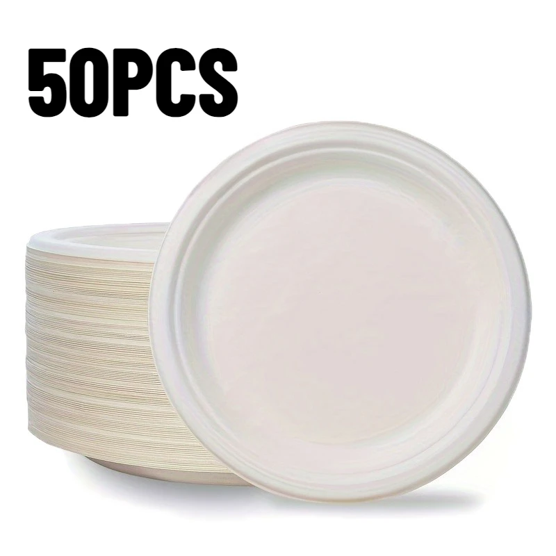 50PCS Disposable Paper Plates White Round Plates Cake Salad Dessert Party Picnic Home Kitchen Restaurant Dishes Daily Use