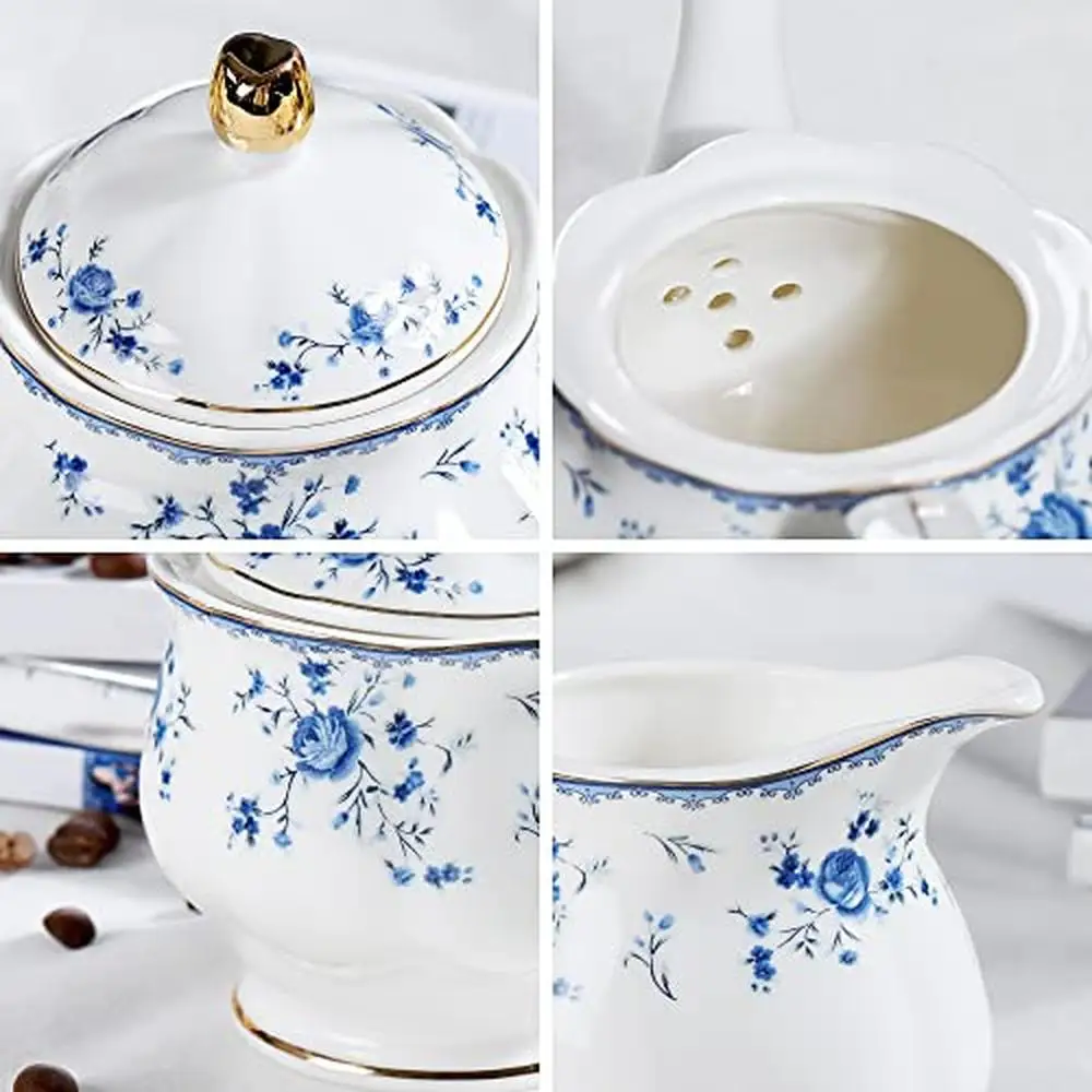 21 Piece Floral Porcelain Tea Set British Cup Saucer Party Women Roses Blue 【Teapot Sugar Bowl Milk Jug 6 Tea Cup