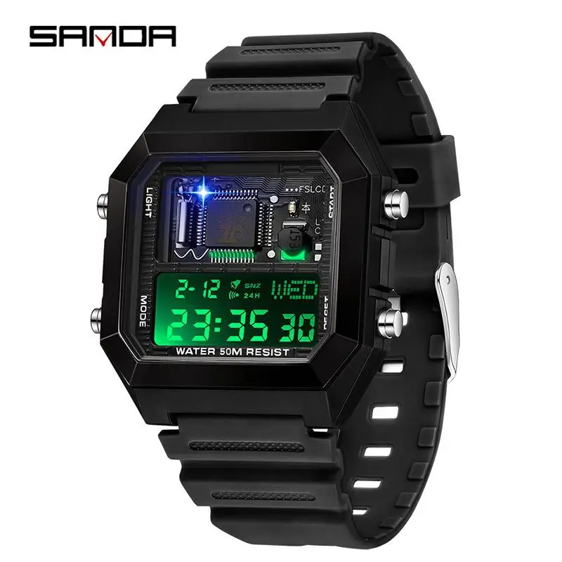 SANDAD 6216 Men\'s Electronic Watch Square Multifunctional Chronograph Date Silicone Strap Digital Display Wrist Watches for Male