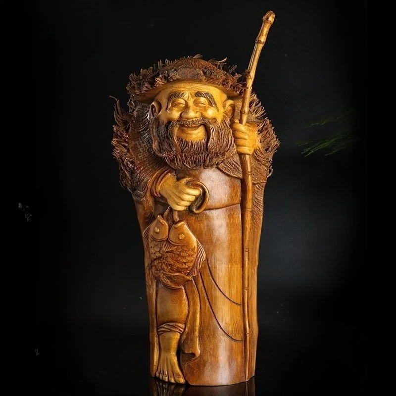 Solid bamboo root carving fishing fisherman ornament antique home decoration tea room