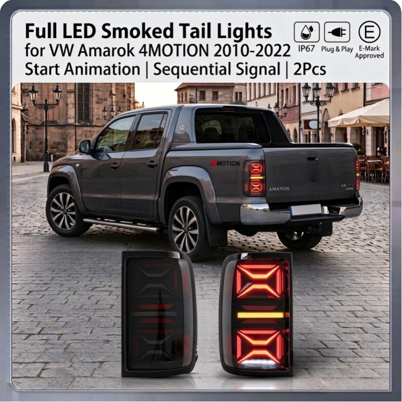 Voll-LED-Rückleuchten mit Rauchglas für VW Amarok 4MOTION Pickup 2010-2022 Startanimation Sequenzielles Blinken Rücklicht IP67 Plug & Play 2 Stück