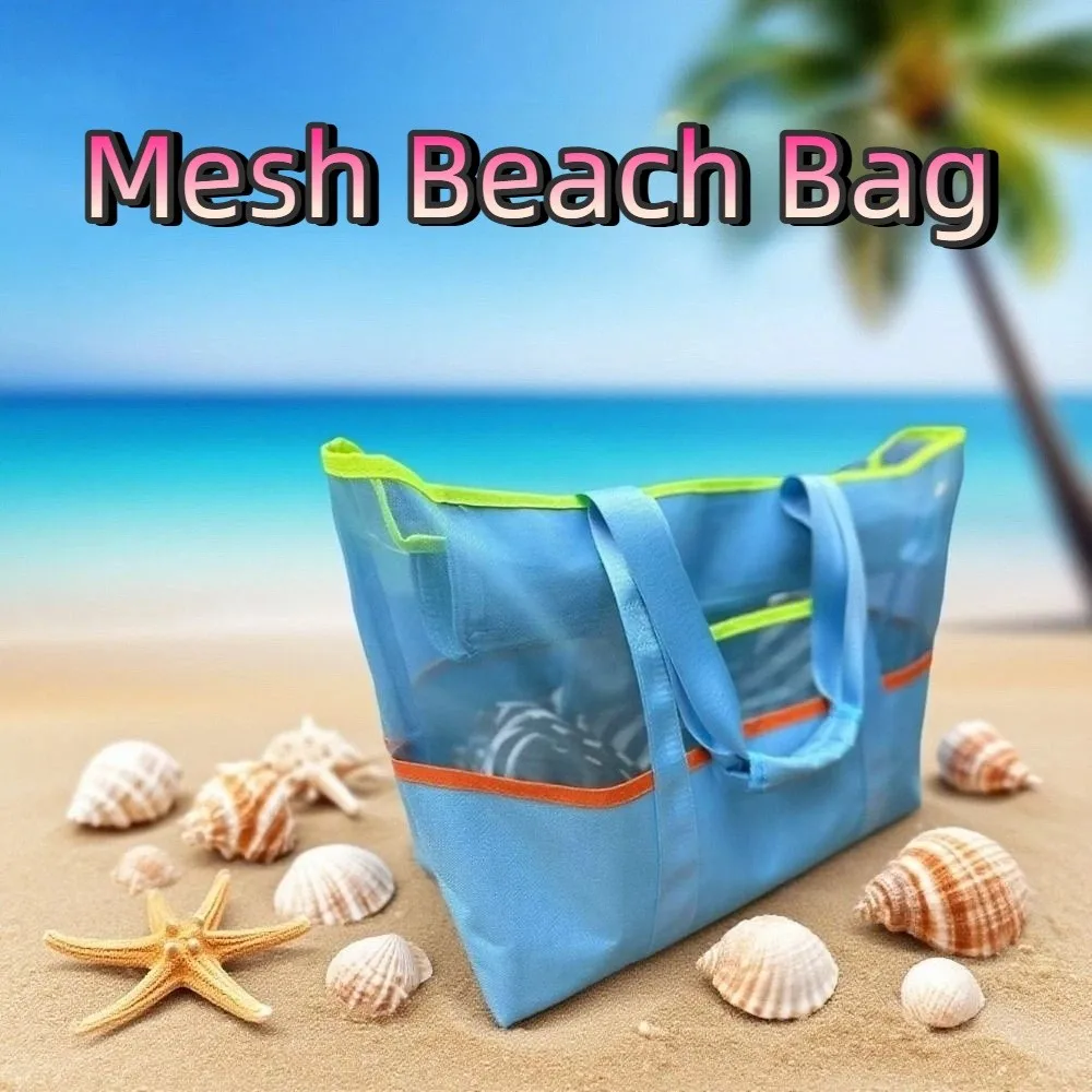 

Multi-Pocket Mesh Beach Bag Large Capacity Portable Toiletry Organizer Storage Bag Foldable Lightweight Swimming Handbag Women