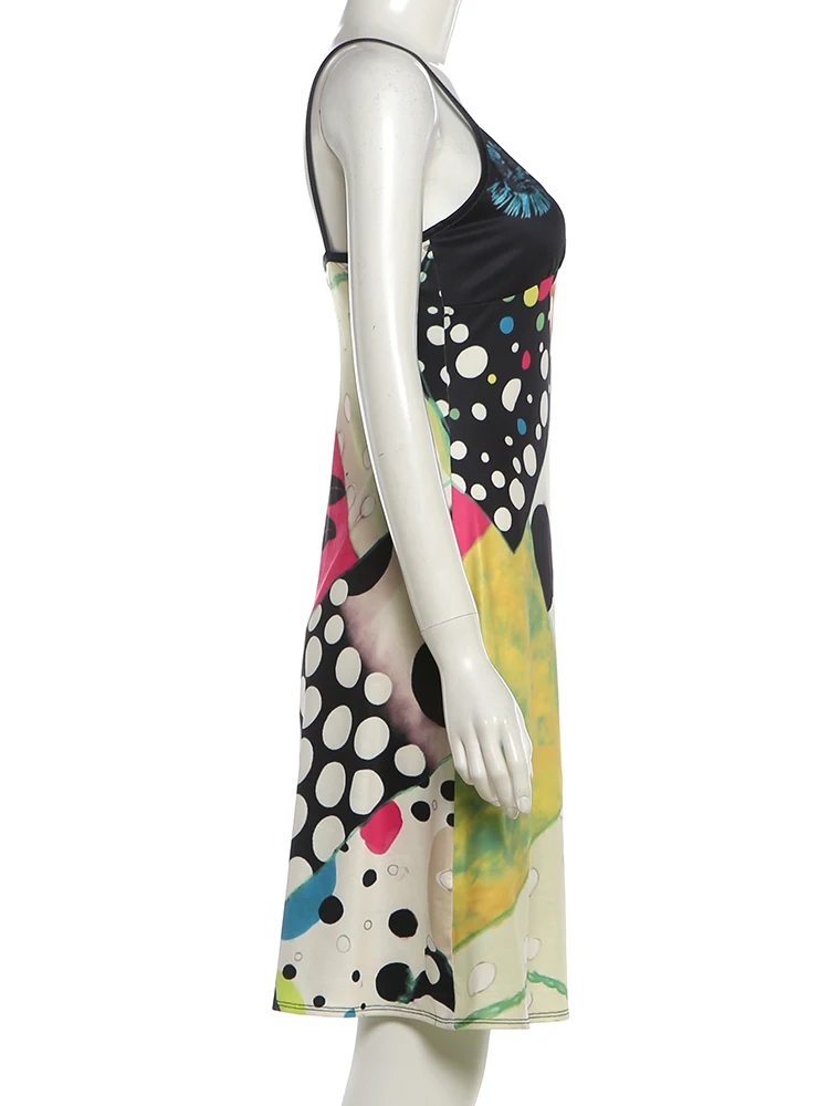 Weird Puss Sexy Kleid mit buntem Print für Damen, modische Patchwork-Design, tief ausgeschnittenes, ärmelloses, trendiges Mitternachts-Street-Club-Bodycon-Kleid – Detail 6