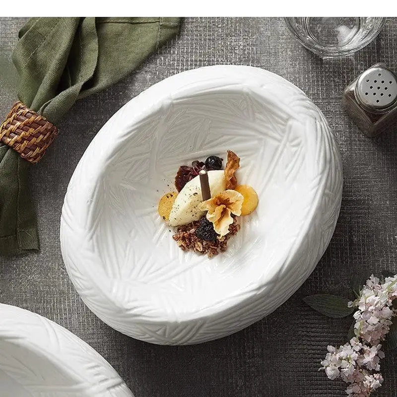 Ceramic Dinner Plate Restaurant Oval Relief Texture Thick Soup Dessert Pasta Plates Insulation Home Tableware