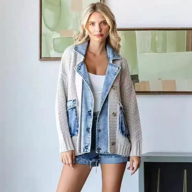 

2025 Autumn New Lazy Style Korean Version Fake Two-piece Design Loose Knitted Sweater Cardigan