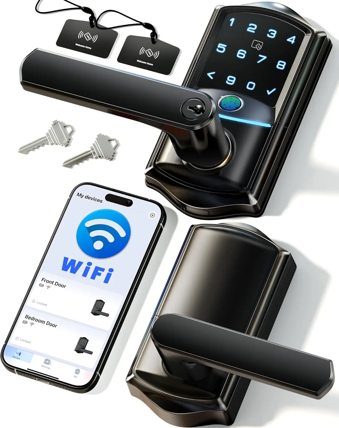 

WiFi Smart Lever Lock, Fingerprint Keyless Entry Door Lock with App Control, IP65 Waterproof, Matte Black