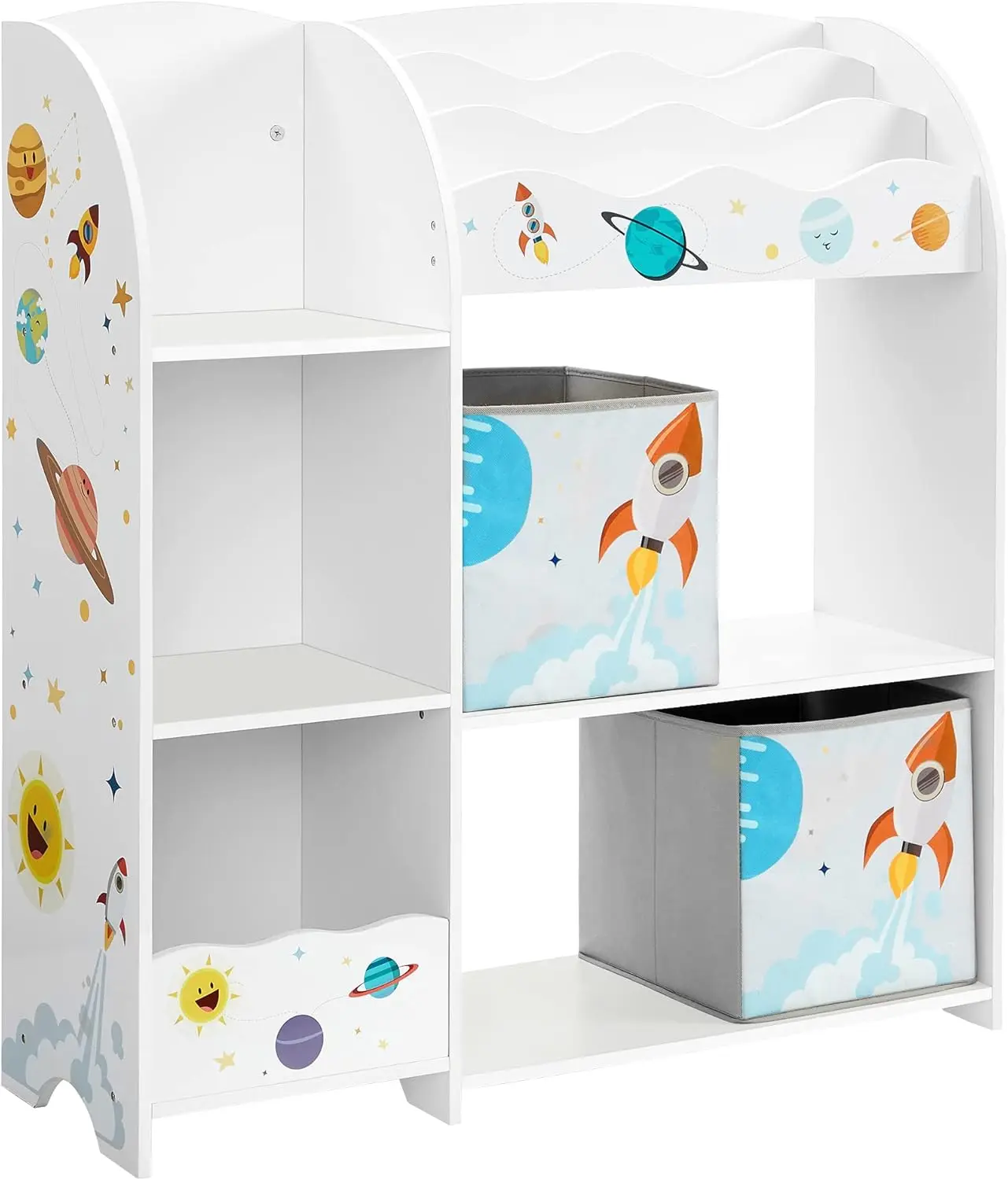 Kids Toy & Book Storage Organizer with 2 Boxes, White Bookshelf for Playroom, Bedroom, Living Room