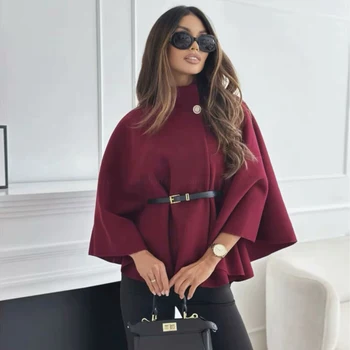 MUJER Belt Poncho Capes Women Black Cloaks Winter Coats Woman 2025 Bat Sleeve Cape Coats for Women Fashion Women's Cape Jacket 6