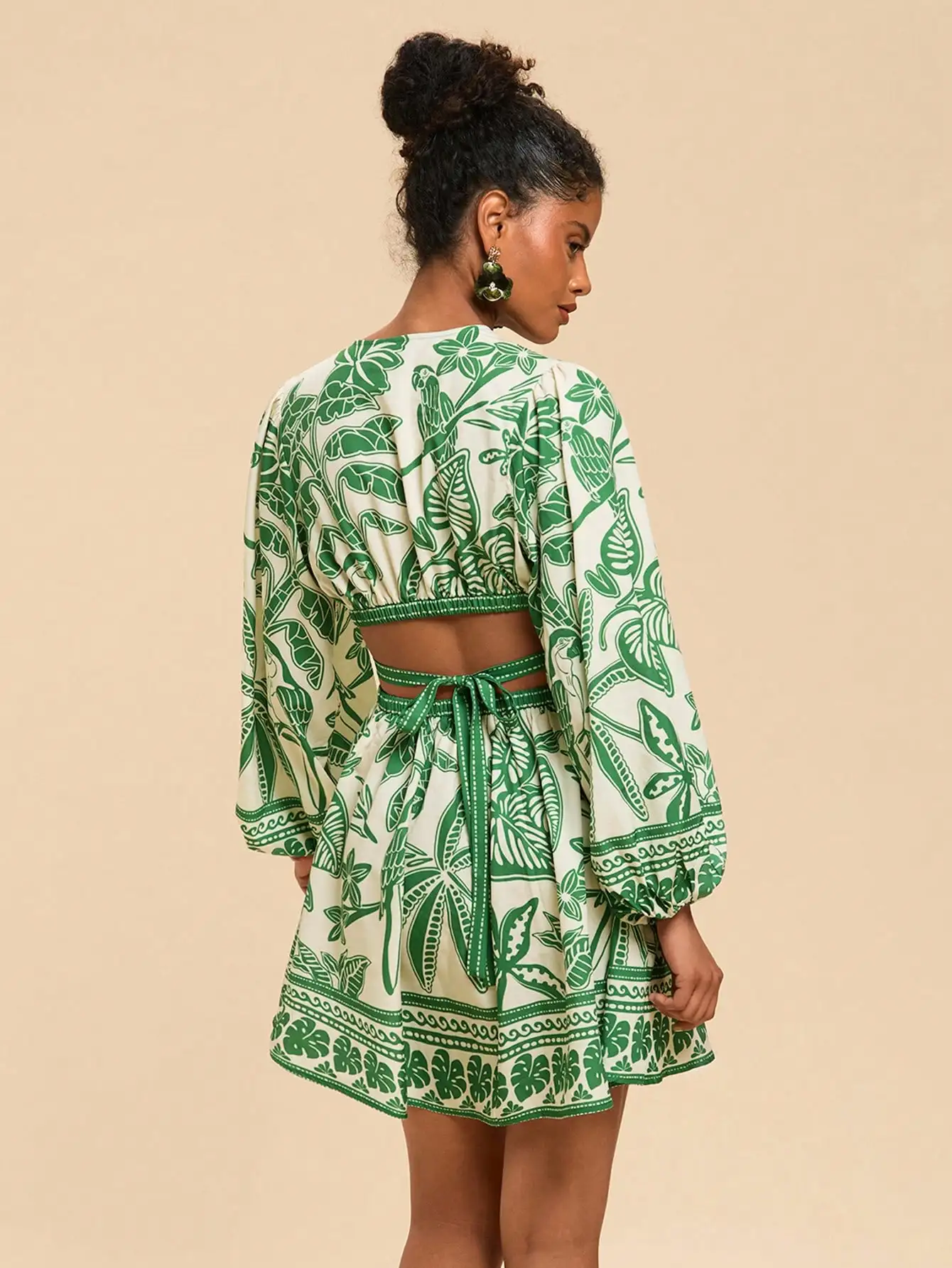 Green Tropical Print V-Neck Cutout Mini Dress with Bell Sleeves for Summer Beach & Festival