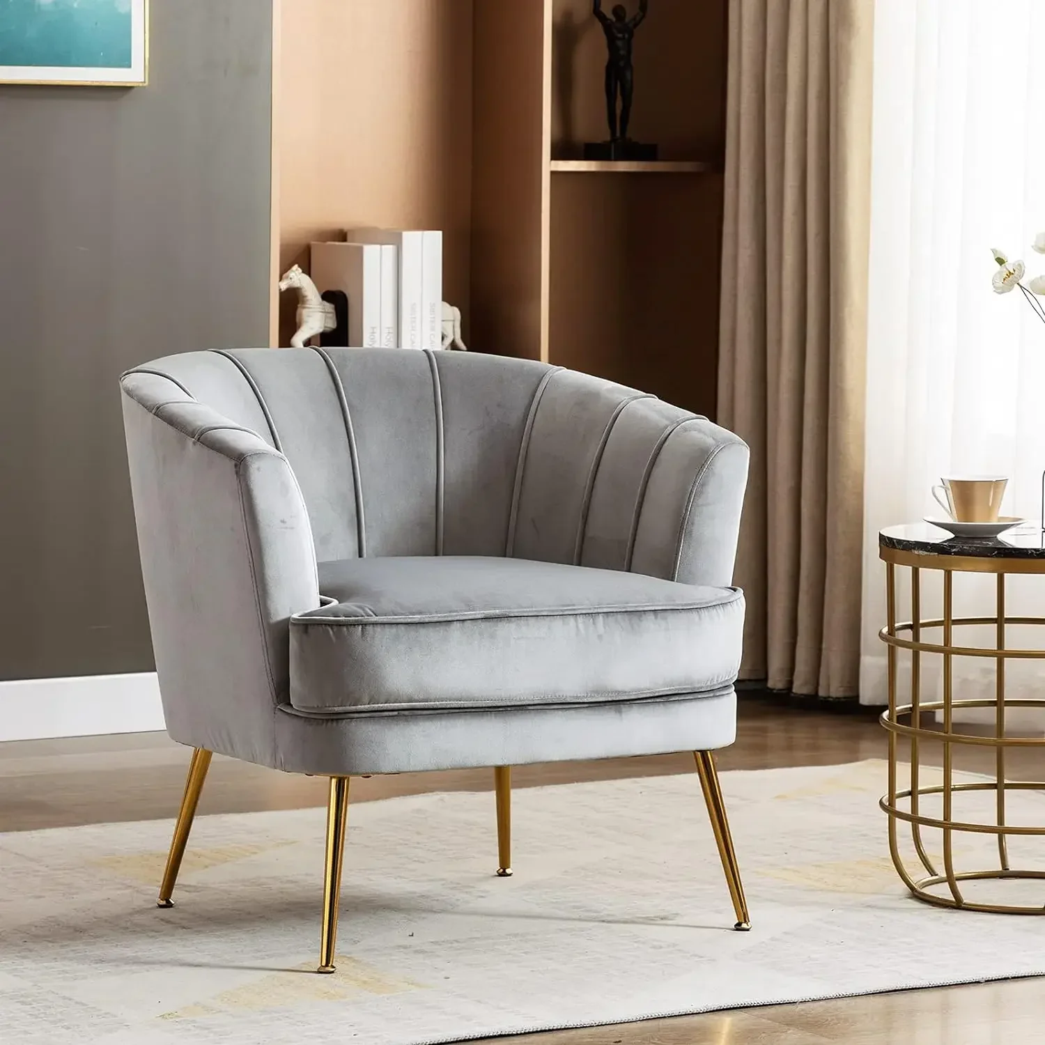 Modern Velvet Barrel Chair Accent Armchair with Golden Legs for Living Room Bedroom Home Office, Channel Tufted Back Club Chair