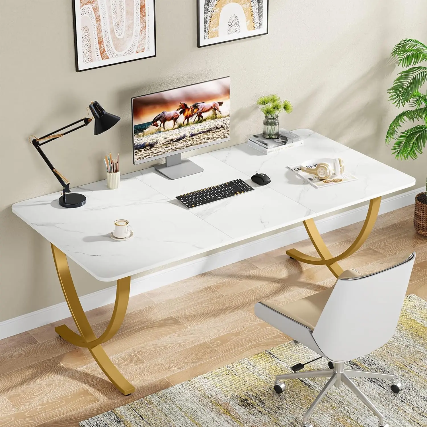 Executive Desk, 63” W x 31.5” D Large Office Desk, Modern Computer Desk Conference Table Meeting Room Table, White and Gold