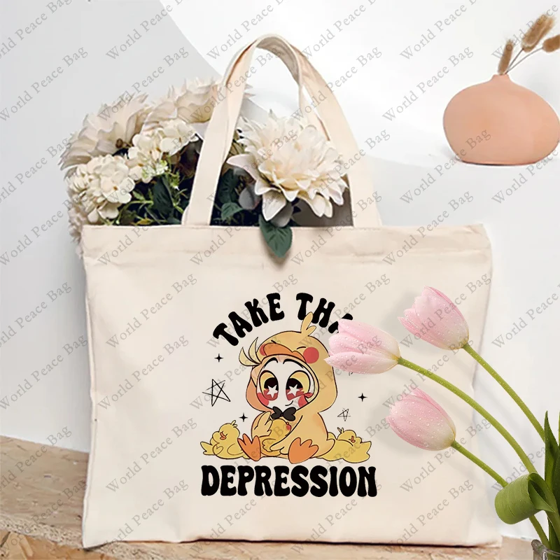 1 pc Halloween Lucifer Take That Depression Hazbin Hotel pattern Tote Bag Canvas Shoulder Bag For Travel Daily Commute Women's