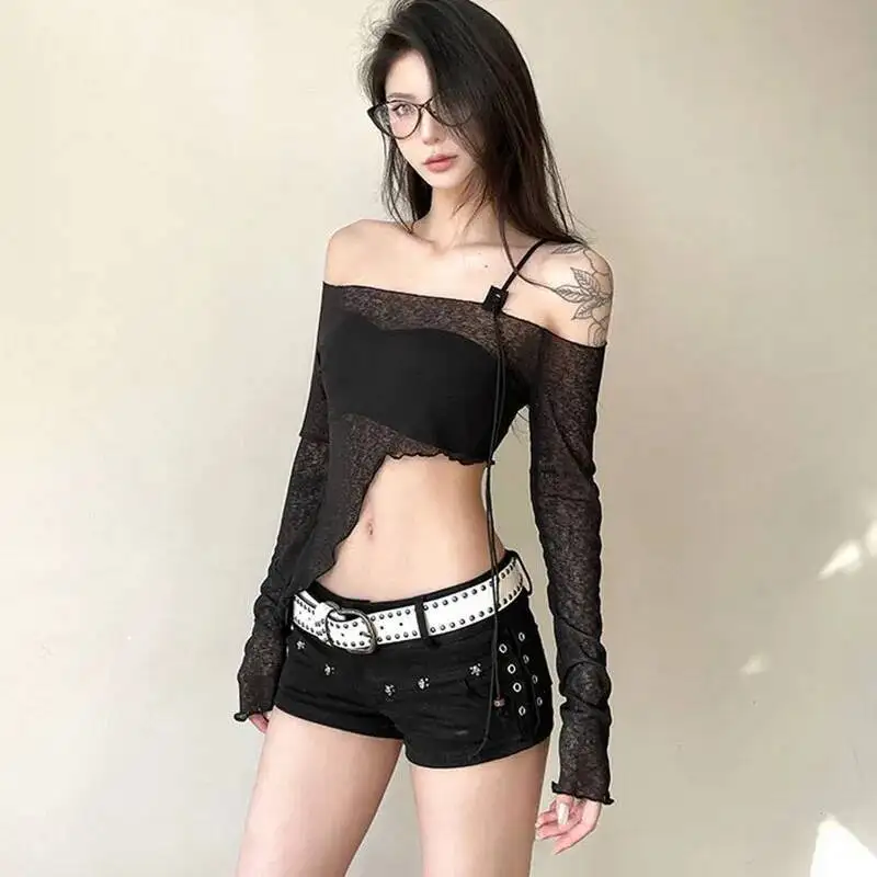 

Y K Асимметричные укороченные топы для женщин Сексуальная клубная одежда Сетчатый прозрачный топ Женская мода с открытыми плечами и наклонным вырезом Блузка на подтяжках