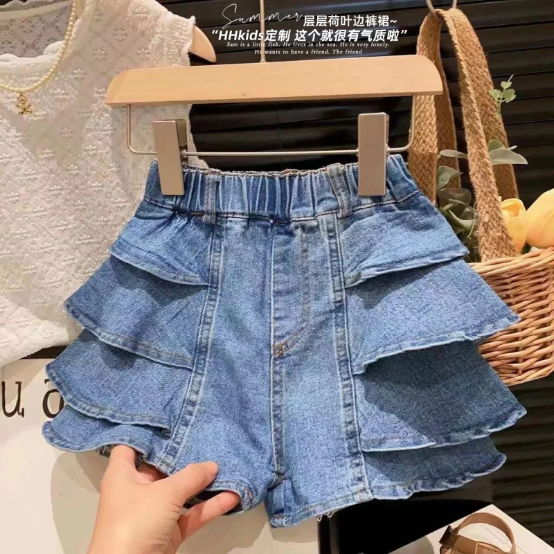 

New Girls' Personalized Fried Street Cascading Western Style All-Matching Washed Denim Shorts Hot Pants2024Children Summer Cloth