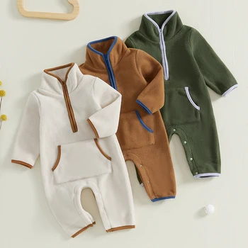 Lioraitiin 0-12M Herbst Winter Baby Jungen Fleece Strampler Langarm Stehkragen Taschen Plüsch Overalls Overalls mit reißverschluss